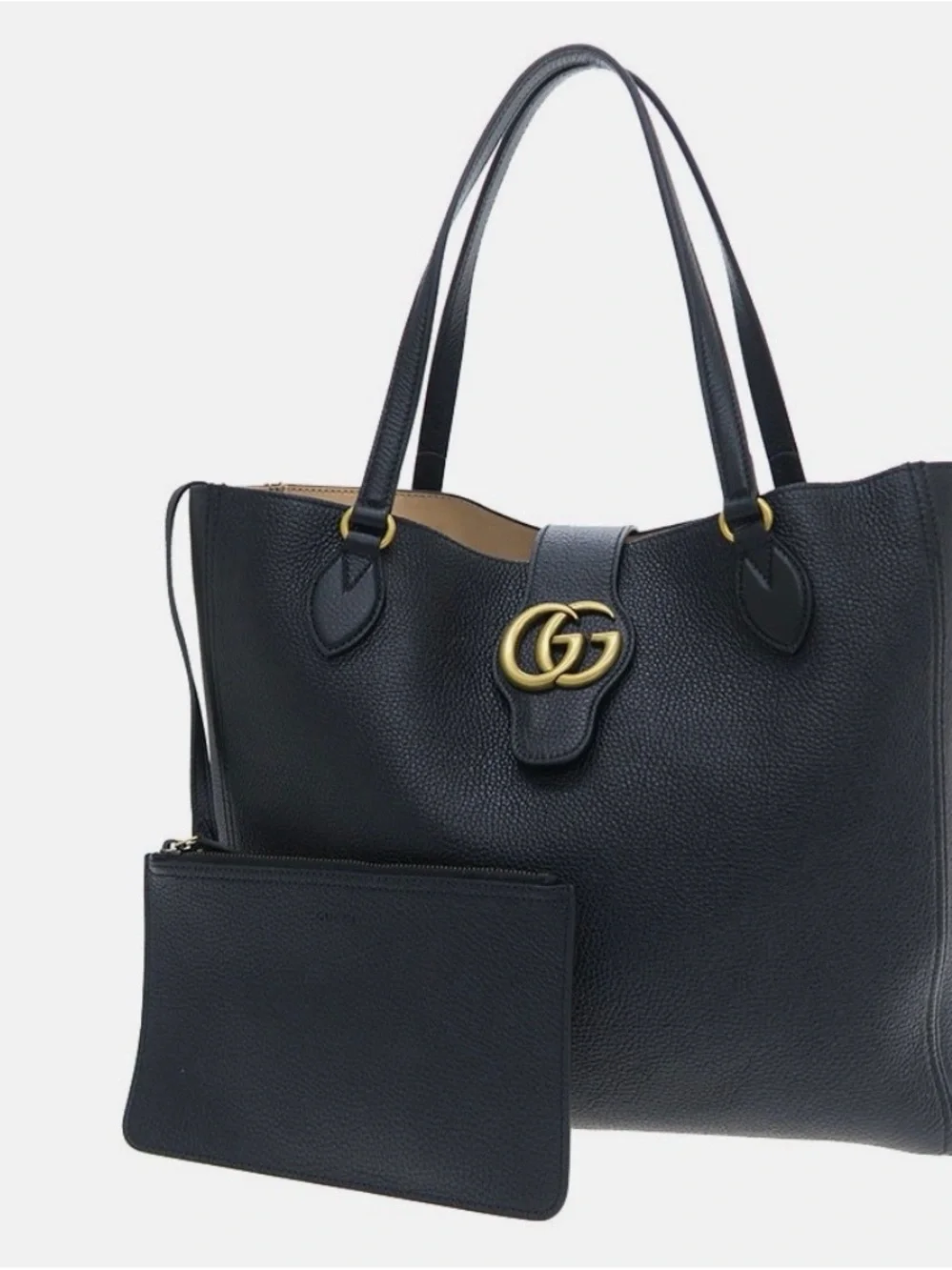 Gucci Black Leather Tote with Gold Double G Emblem